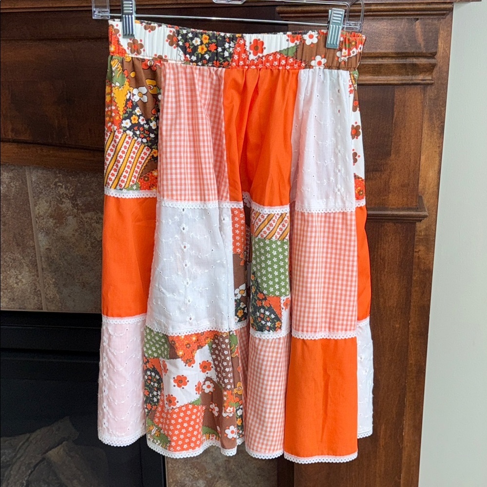 Vintage orange patchwork skirt 60s 70s hippie boho western est Small/Med